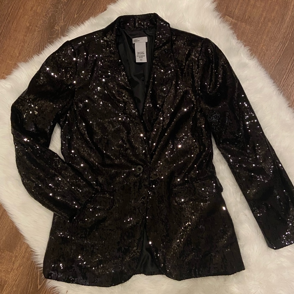 Linea Domani Black Sequin One Button Long Blazer XL